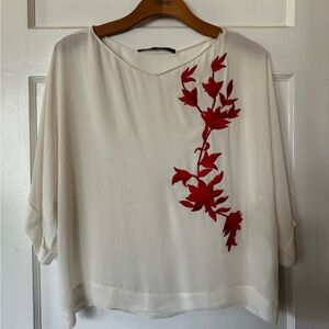 Large Zara NWT off-white blouse dolman with red embroidered flowers career